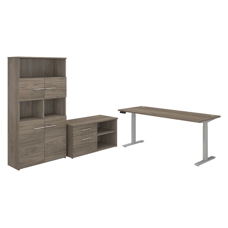 Bush Business Furniture Office 500 Electric HeightAdjustable Standing Desk With Storage And Bookcase 72W Modern Hickory Standard Delivery