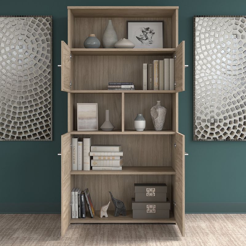 Bush Business Furniture Office 500 Electric HeightAdjustable Standing Desk With Storage And Bookcase 72W Modern Hickory Standard Delivery