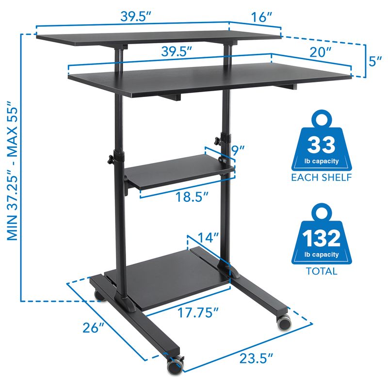 MountIt MI7970 HeightAdjustable Mobile Standing Desk Workstation 55H x 3912W x 26D Black