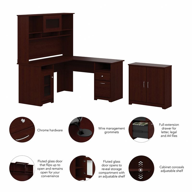 Bush Furniture Cabot L Shaped Desk With Hutch And Small Storage Cabinet With Doors Harvest Cherry Standard Delivery
