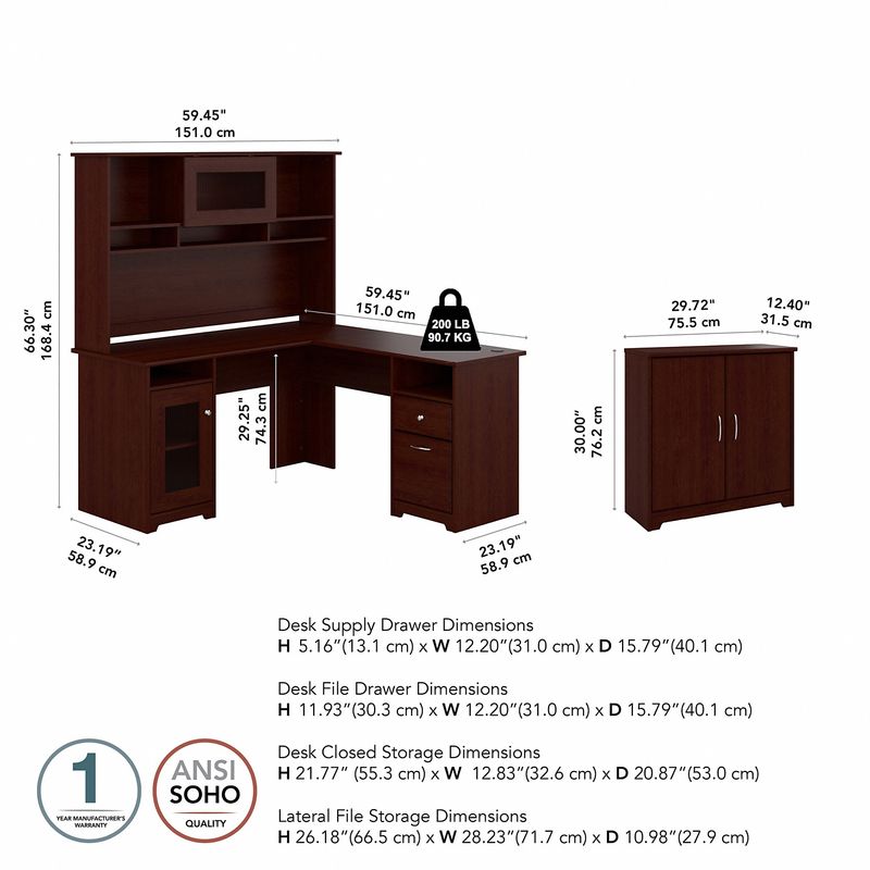 Bush Furniture Cabot L Shaped Desk With Hutch And Small Storage Cabinet With Doors Harvest Cherry Standard Delivery