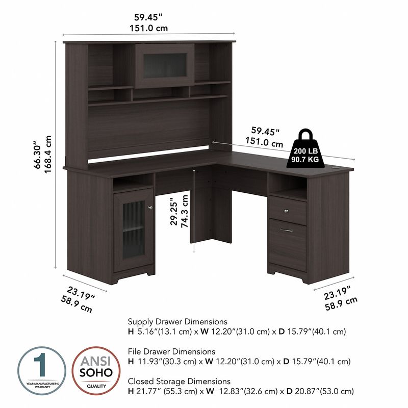 Bush Business Furniture Cabot 60W LShaped Corner Desk With Hutch Heather Gray Standard Delivery