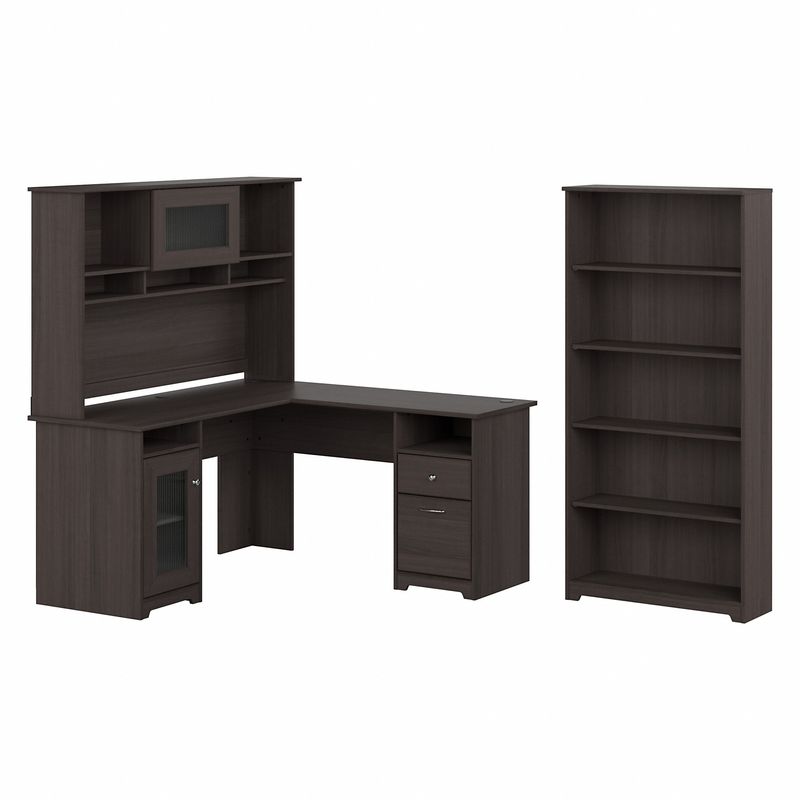 Bush Business Furniture Cabot 60W LShaped Corner Desk With Hutch And 5Shelf Bookcase Heather Gray Standard Delivery