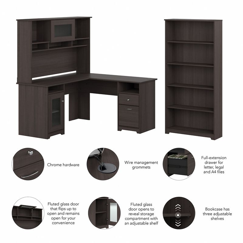 Bush Business Furniture Cabot 60W LShaped Corner Desk With Hutch And 5Shelf Bookcase Heather Gray Standard Delivery