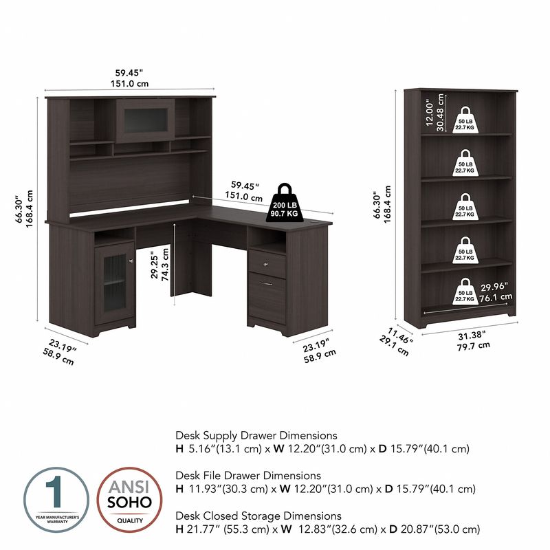 Bush Business Furniture Cabot 60W LShaped Corner Desk With Hutch And 5Shelf Bookcase Heather Gray Standard Delivery