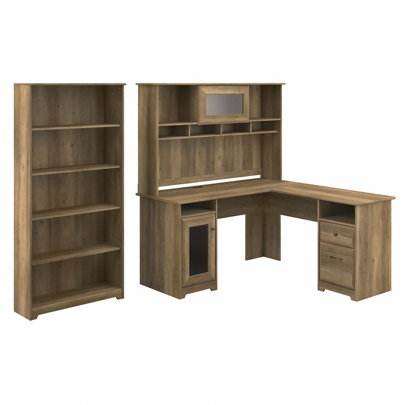 Bush Business Furniture Cabot 60W LShaped Corner Desk With Hutch And 5Shelf Bookcase Reclaimed Pine Standard Delivery