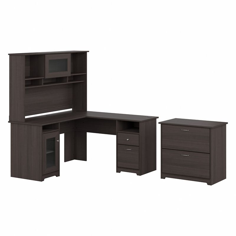 Bush Business Furniture Cabot 60W LShaped Corner Desk With Hutch And Lateral File Cabinet Heather Gray Standard Delivery