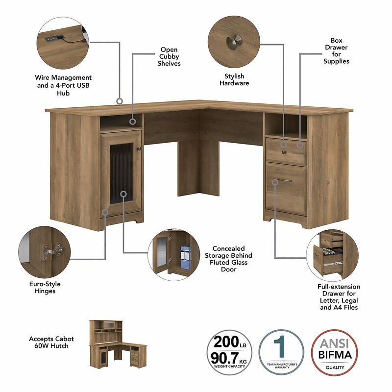 Bush Business Furniture Cabot 60W LShaped Corner Desk With Hutch And 5Shelf Bookcase Reclaimed Pine Standard Delivery