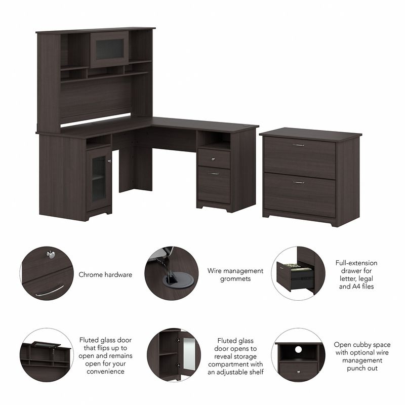 Bush Business Furniture Cabot 60W LShaped Corner Desk With Hutch And Lateral File Cabinet Heather Gray Standard Delivery