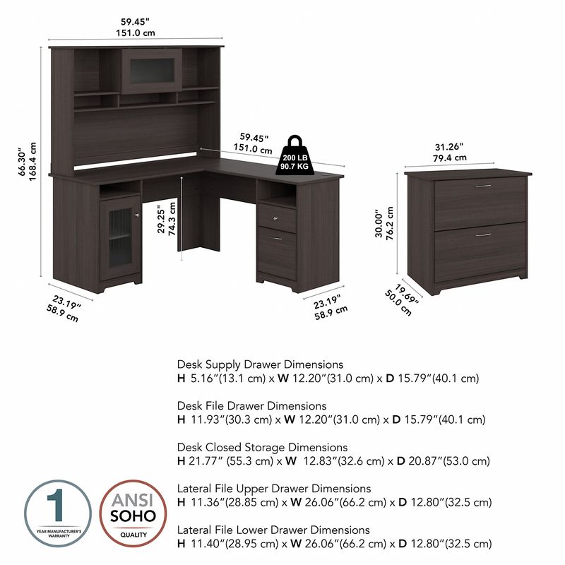 Bush Business Furniture Cabot 60W LShaped Corner Desk With Hutch And Lateral File Cabinet Heather Gray Standard Delivery