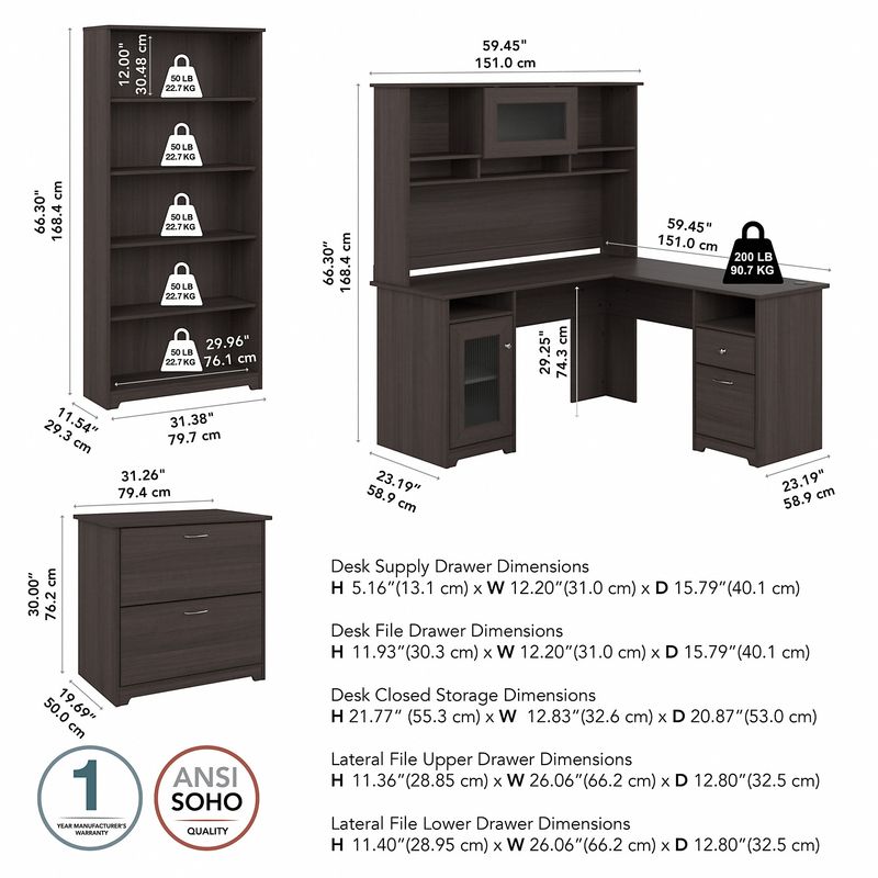 Bush Business Furniture Cabot 60W LShaped Corner Desk With Hutch Lateral File And 5Shelf Bookcase Heather Gray Standard Delivery