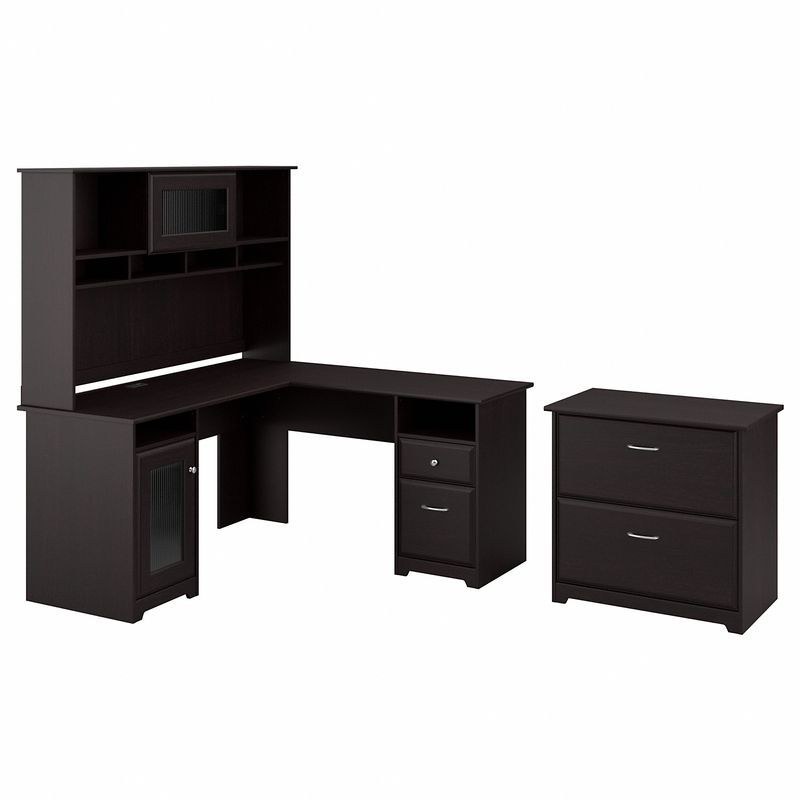 Bush Furniture Cabot L Shaped Desk With Hutch And Lateral File Cabinet Espresso Oak Standard Delivery