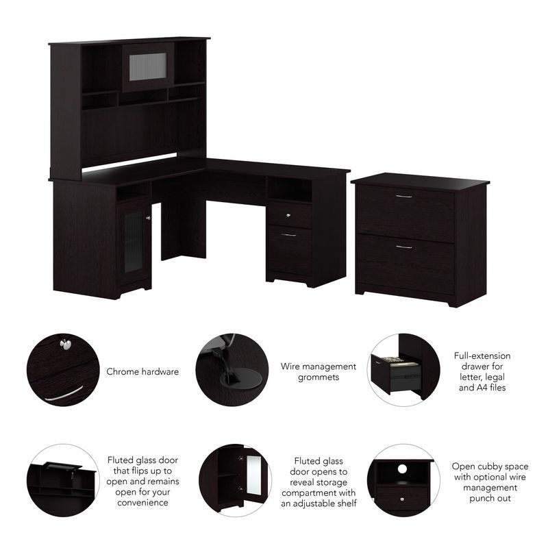 Bush Furniture Cabot L Shaped Desk With Hutch And Lateral File Cabinet Espresso Oak Standard Delivery