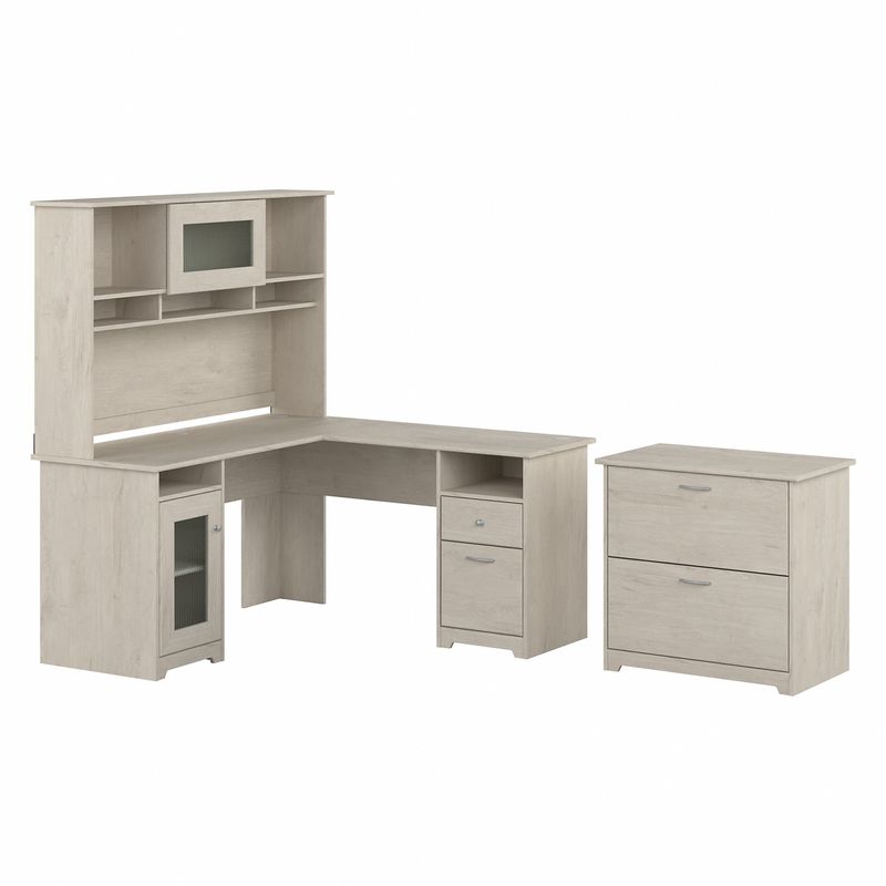 Bush Furniture Cabot 60W LShaped Computer Desk With Hutch And Lateral File Cabinet Linen White Oak Standard Delivery