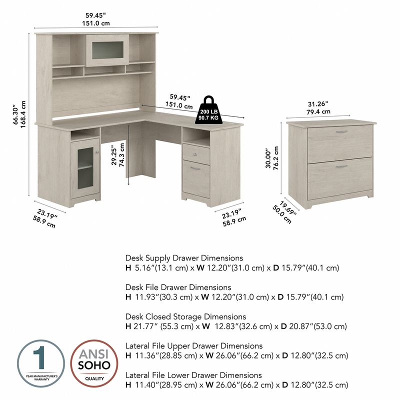 Bush Furniture Cabot 60W LShaped Computer Desk With Hutch And Lateral File Cabinet Linen White Oak Standard Delivery