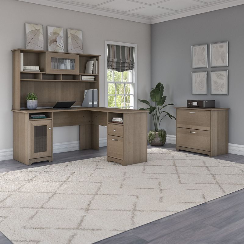 Bush Furniture Cabot 60W LShaped Computer Desk With Hutch And Lateral File Cabinet Ash Gray Standard Delivery