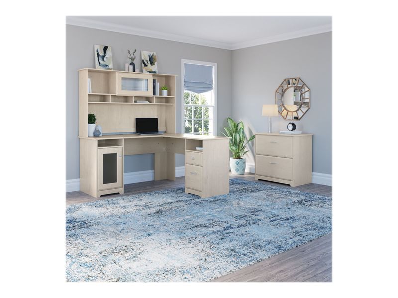 Bush Furniture Cabot 60W LShaped Computer Desk With Hutch And Lateral File Cabinet Linen White Oak Standard Delivery