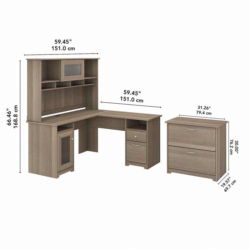 Bush Furniture Cabot 60W LShaped Computer Desk With Hutch And Lateral File Cabinet Ash Gray Standard Delivery