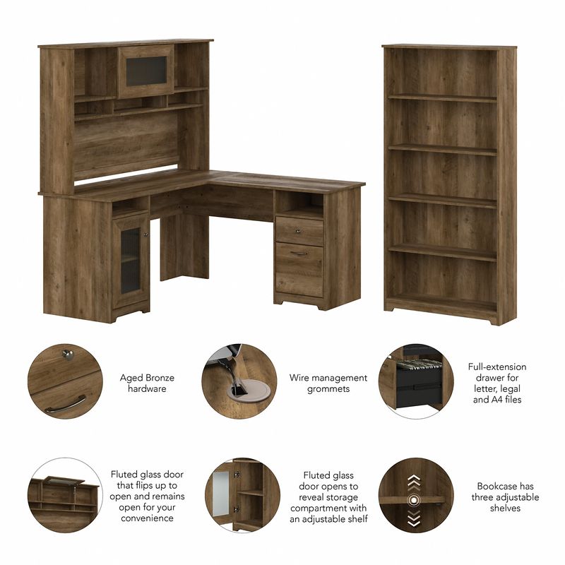 Bush Business Furniture Cabot 60W LShaped Corner Desk With Hutch And 5Shelf Bookcase Reclaimed Pine Standard Delivery