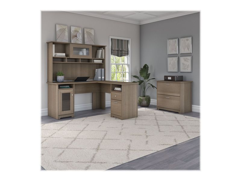 Bush Furniture Cabot 60W LShaped Computer Desk With Hutch And Lateral File Cabinet Ash Gray Standard Delivery