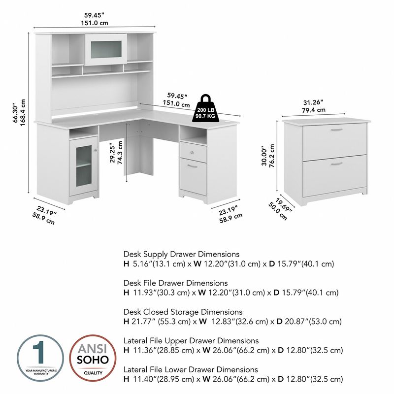 Bush Furniture Cabot 60W LShaped Corner Desk With Hutch And Lateral File Cabinet White Standard Delivery