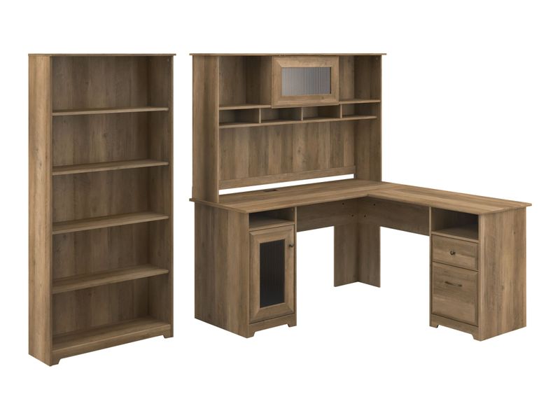 Bush Business Furniture Cabot 60W LShaped Corner Desk With Hutch And 5Shelf Bookcase Reclaimed Pine Standard Delivery