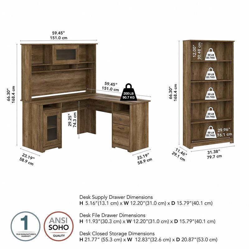 Bush Business Furniture Cabot 60W LShaped Corner Desk With Hutch And 5Shelf Bookcase Reclaimed Pine Standard Delivery