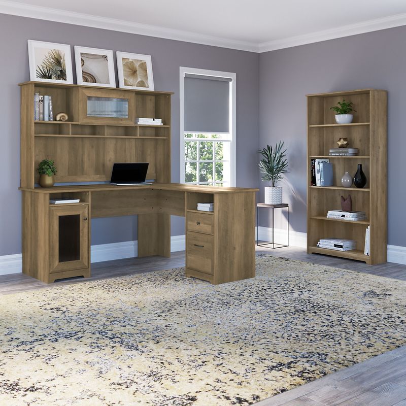 Bush Business Furniture Cabot 60W LShaped Corner Desk With Hutch And 5Shelf Bookcase Reclaimed Pine Standard Delivery