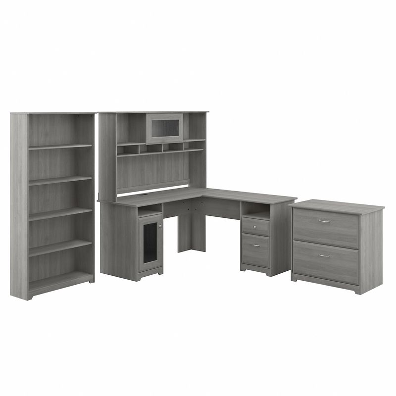 Bush Business Furniture Cabot 60W LShaped Corner Desk With Hutch Lateral File Cabinet And 5Shelf Bookcase Modern Gray Standard Delivery