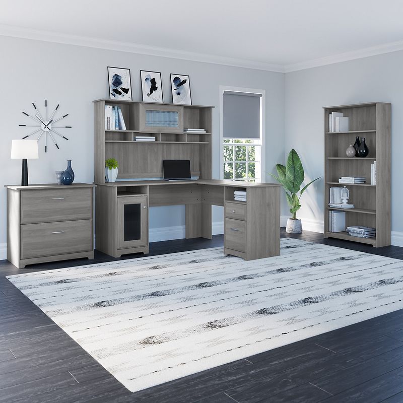 Bush Business Furniture Cabot 60W LShaped Corner Desk With Hutch Lateral File Cabinet And 5Shelf Bookcase Modern Gray Standard Delivery