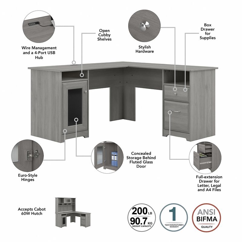 Bush Business Furniture Cabot 60W LShaped Corner Desk With Hutch Lateral File Cabinet And 5Shelf Bookcase Modern Gray Standard Delivery