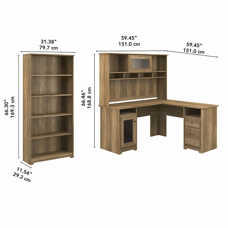 Bush Business Furniture Cabot 60W LShaped Corner Desk With Hutch And 5Shelf Bookcase Reclaimed Pine Standard Delivery