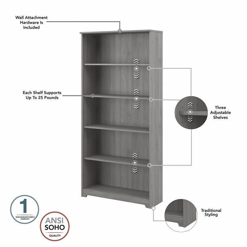 Bush Business Furniture Cabot 60W LShaped Corner Desk With Hutch Lateral File Cabinet And 5Shelf Bookcase Modern Gray Standard Delivery