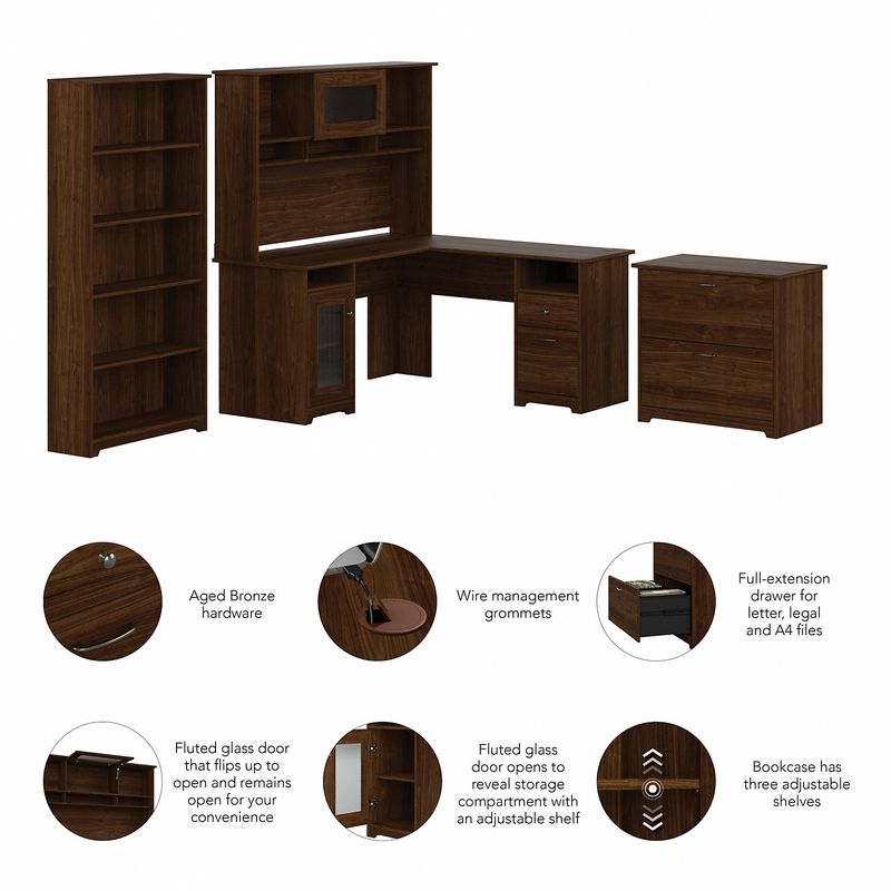 Bush Business Furniture Cabot 60W LShaped Corner Desk With Hutch Lateral File Cabinet And 5Shelf Bookcase Modern Walnut Standard Delivery