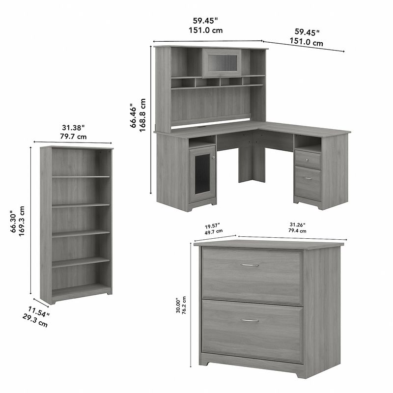 Bush Business Furniture Cabot 60W LShaped Corner Desk With Hutch Lateral File Cabinet And 5Shelf Bookcase Modern Gray Standard Delivery