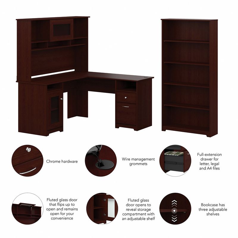 Bush Business Furniture Cabot 60W LShaped Corner Desk With Hutch And 5Shelf Bookcase Harvest Cherry Standard Delivery