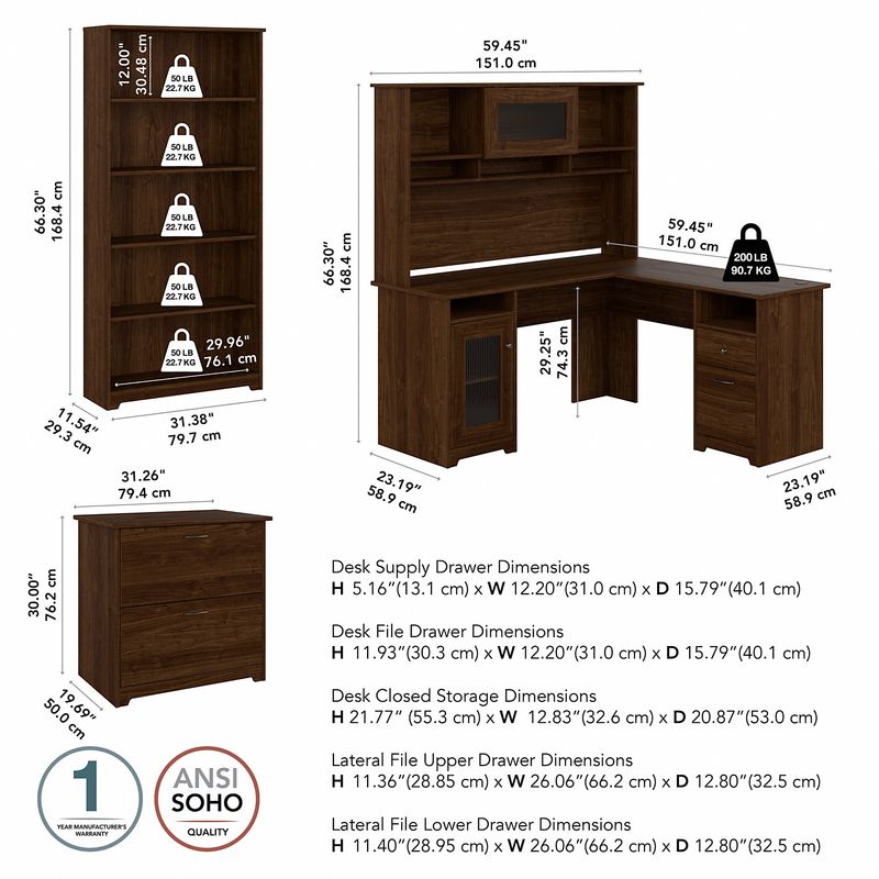 Bush Business Furniture Cabot 60W LShaped Corner Desk With Hutch Lateral File Cabinet And 5Shelf Bookcase Modern Walnut Standard Delivery