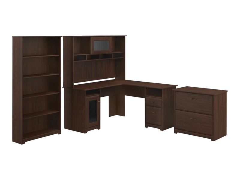Bush Business Furniture Cabot 60W LShaped Corner Desk With Hutch Lateral File Cabinet And 5Shelf Bookcase Modern Walnut Standard Delivery