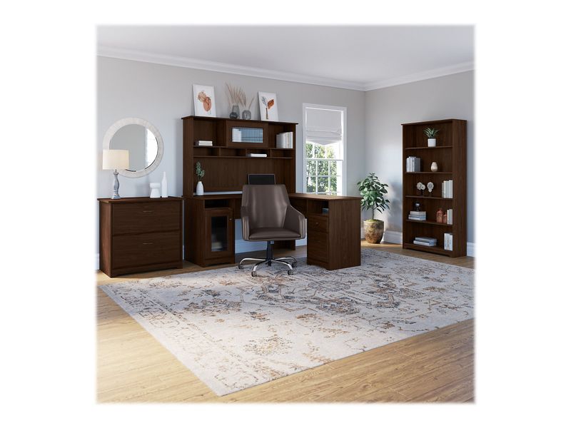 Bush Business Furniture Cabot 60W LShaped Corner Desk With Hutch Lateral File Cabinet And 5Shelf Bookcase Modern Walnut Standard Delivery
