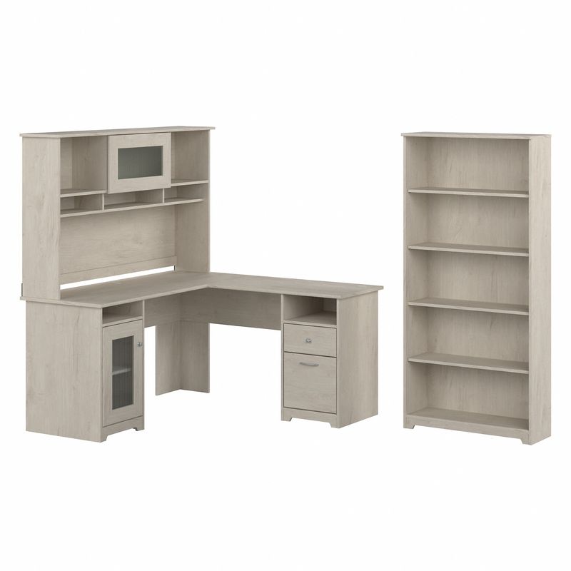Bush Business Furniture Cabot 60W LShaped Corner Desk With Hutch And 5Shelf Bookcase Linen White Oak Standard Delivery