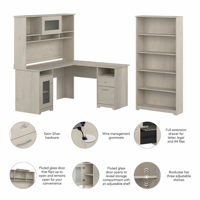 Bush Business Furniture Cabot 60W LShaped Corner Desk With Hutch And 5Shelf Bookcase Linen White Oak Standard Delivery