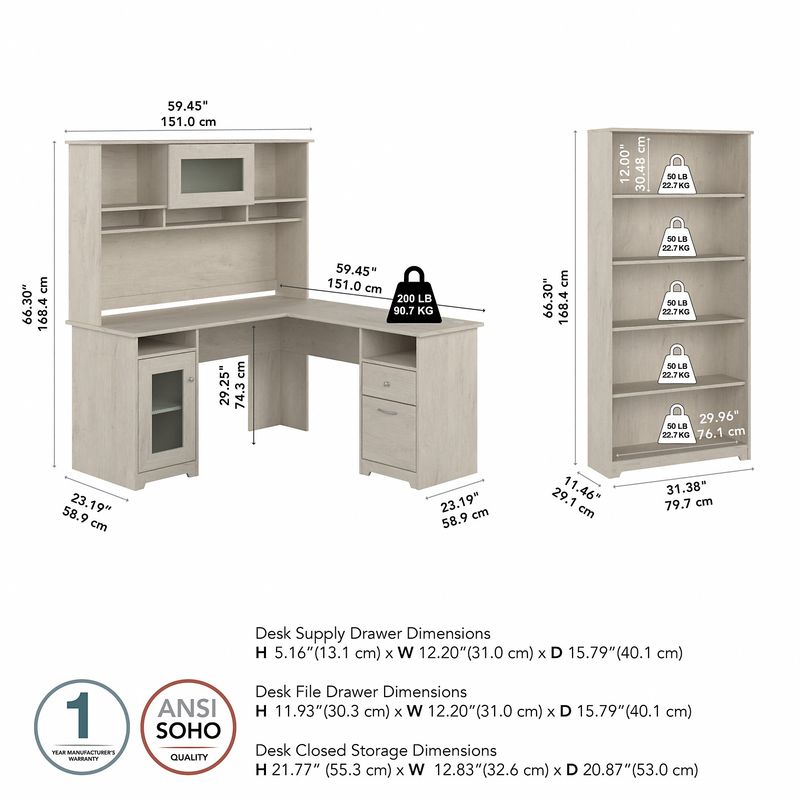 Bush Business Furniture Cabot 60W LShaped Corner Desk With Hutch And 5Shelf Bookcase Linen White Oak Standard Delivery