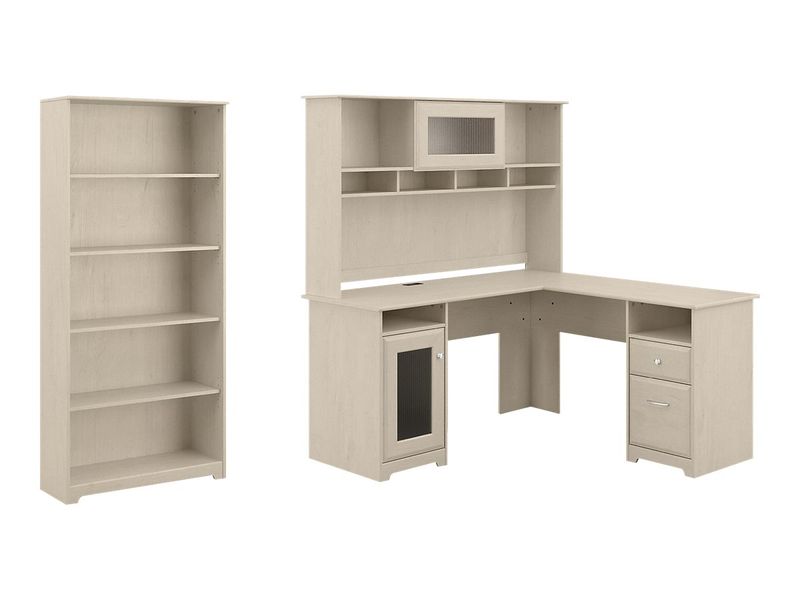Bush Business Furniture Cabot 60W LShaped Corner Desk With Hutch And 5Shelf Bookcase Linen White Oak Standard Delivery