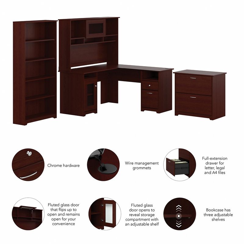 Bush Business Furniture Cabot 60W LShaped Corner Desk With Hutch Lateral File And 5Shelf Bookcase Harvest Cherry Standard Delivery