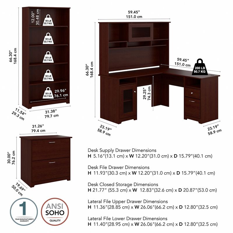 Bush Business Furniture Cabot 60W LShaped Corner Desk With Hutch Lateral File And 5Shelf Bookcase Harvest Cherry Standard Delivery