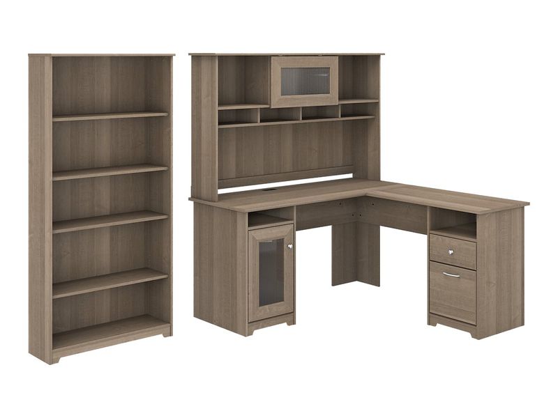 Bush Business Furniture Cabot 60W LShaped Corner Desk With Hutch And 5Shelf Bookcase Ash Gray Standard Delivery