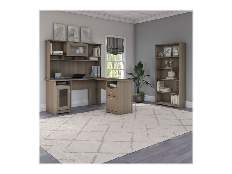Bush Business Furniture Cabot 60W LShaped Corner Desk With Hutch And 5Shelf Bookcase Ash Gray Standard Delivery