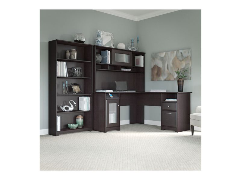 Bush Business Furniture Cabot 60W LShaped Corner Desk With Hutch And 5Shelf Bookcase Espresso Oak Standard Delivery