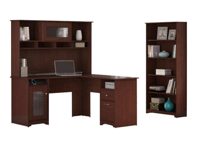 Bush Business Furniture Cabot 60W LShaped Corner Desk With Hutch And 5Shelf Bookcase Harvest Cherry Standard Delivery