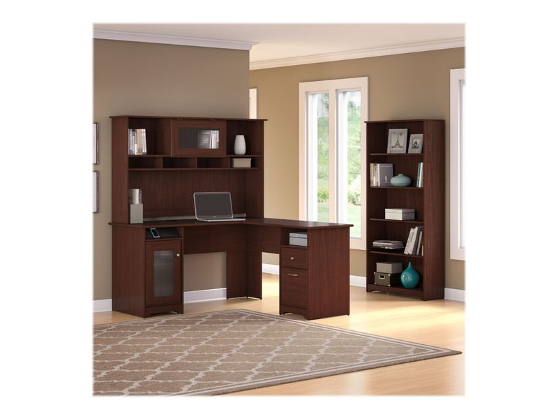 Bush Business Furniture Cabot 60W LShaped Corner Desk With Hutch And 5Shelf Bookcase Harvest Cherry Standard Delivery